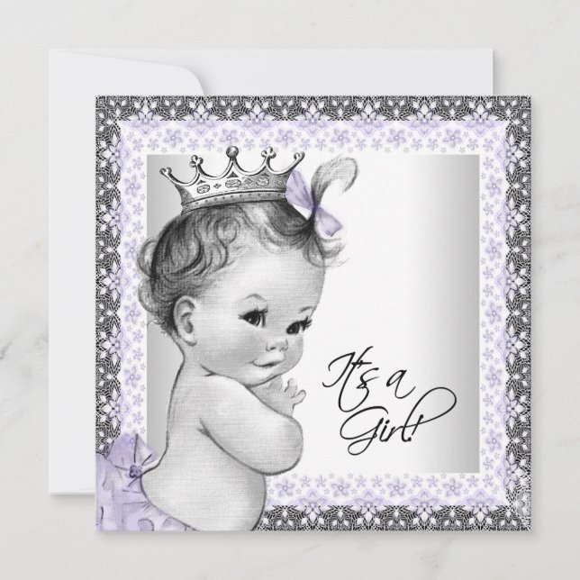 Invitation Lavande Purple et Gris Baby Girl Douche (Devant)