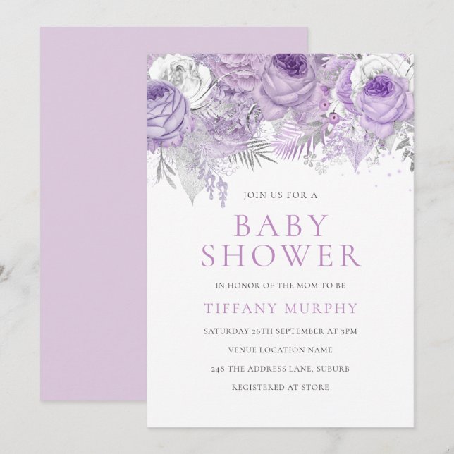 Invitation Lavande Purple Étincelle Baby shower Floral (Devant / Derrière)