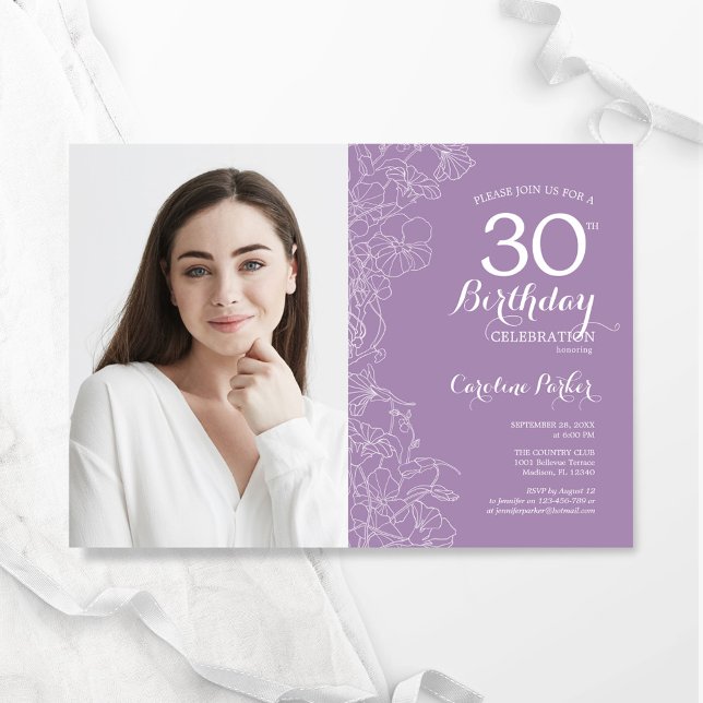 Invitation Lavande Purple Floral Photo 30e anniversaire (Créateur téléchargé)
