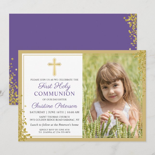 Invitation Lavande Purple Gold First Holy Communion Photo (Devant / Derrière)