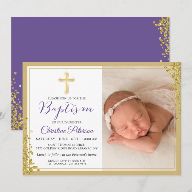 Invitation Lavande Purple Gold Parties scintillant Baptême Ph (Devant / Derrière)