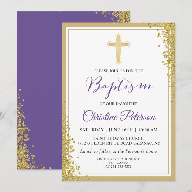 Invitation Lavande Purple Gold Parties scintillant fille Bapt (Devant / Derrière)
