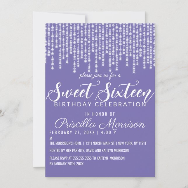 Invitation Lavande Purple Hanging Diamond Lights Sweet 16 (Devant)