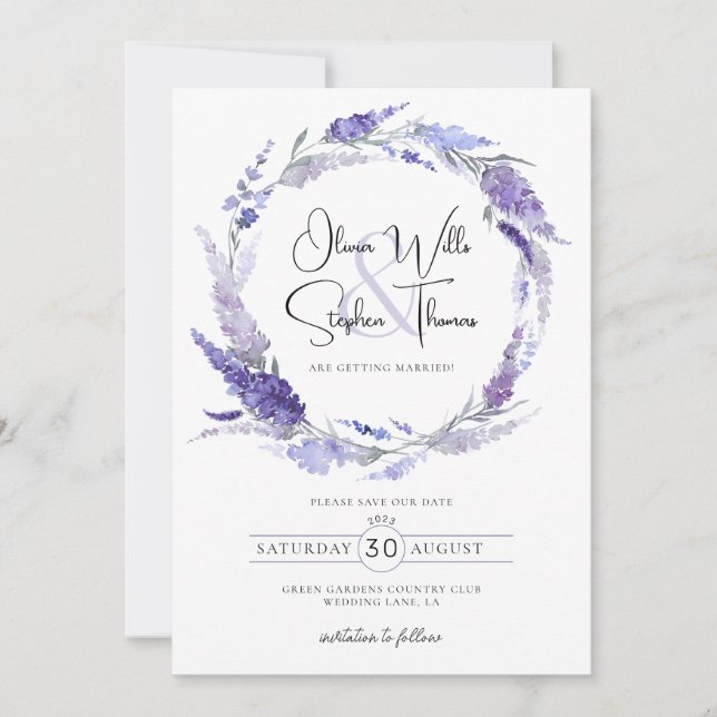 Invitation Lavande Purple Wreath Botanique Enregistrer La Dat (Devant)