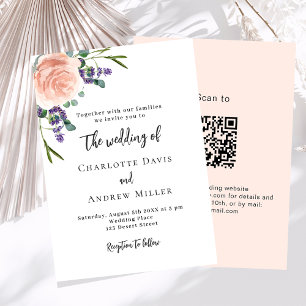 Invitation lavande rose verdure fleurie code QR mariage RSVP