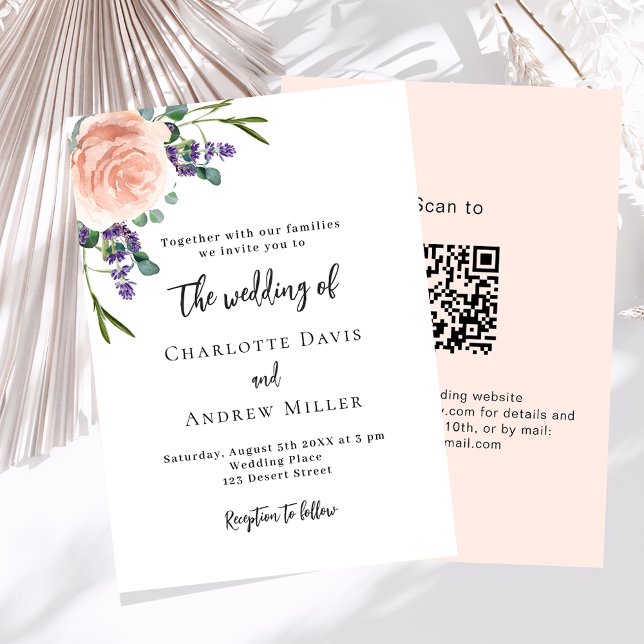 Invitation lavande rose verdure fleurie code QR mariage RSVP (Créateur téléchargé)