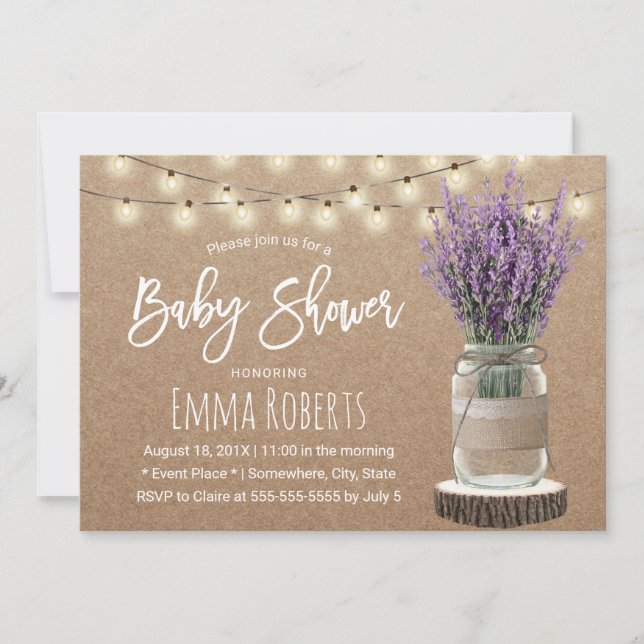 Invitation Lavande Rustique Baby shower Floral Jar Kraft (Devant)