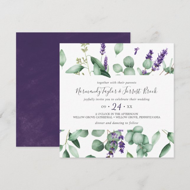 Invitation Lavande rustique et Mariage Carré Eucalyptus (Devant / Derrière)