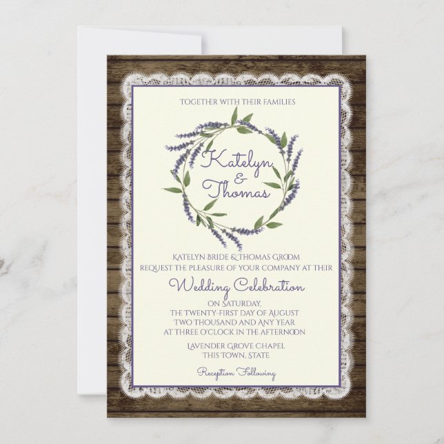 Invitation Lavande rustique et Mariage de dentelle (Devant)