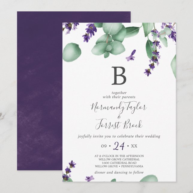 Invitation Lavande rustique et Mariage de monogramme Eucalypt (Devant / Derrière)