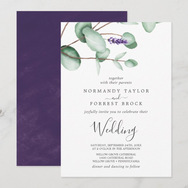 Invitation Lavande rustique et Mariage d'eucalyptus (Devant / Derrière)
