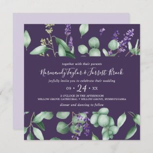Invitation Lavande rustique & Eucalyptus Carré violet Mariage