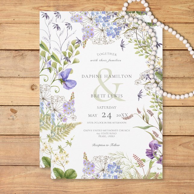 Invitation Lavande Rustique & Fleurs sauvages Sage Blanc (Rustic Lavender & Sage Wildflowers White Invitation)