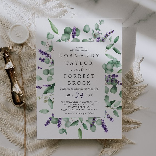 Invitation Lavande rustique & Mariage de cadre floral Eucalyp (Créateur téléchargé)