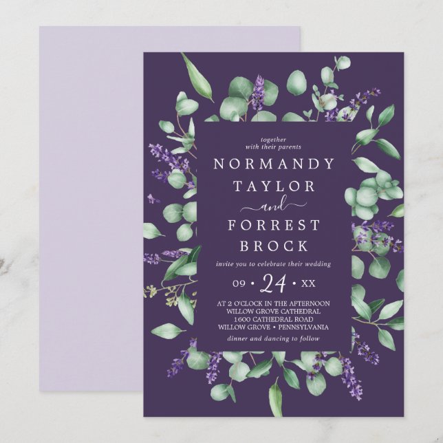 Invitation Lavande rustique | Mariage de cadre floral pourpre (Devant / Derrière)