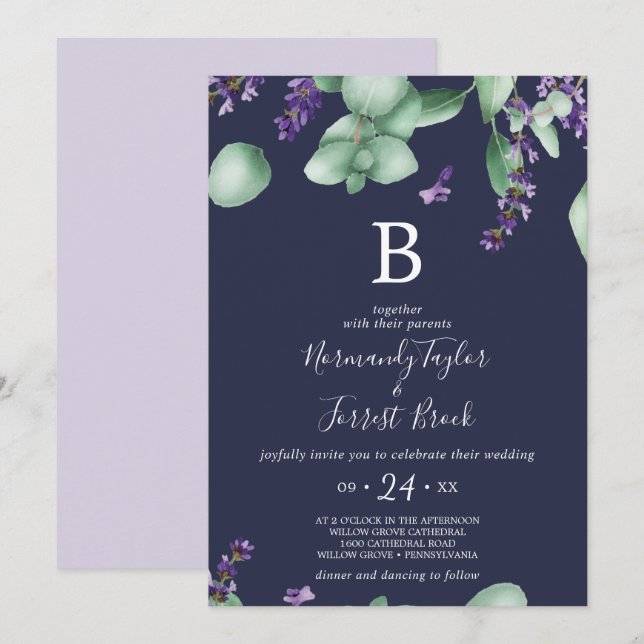 Invitation Lavande rustique | Mariage de monogramme bleu mari (Devant / Derrière)