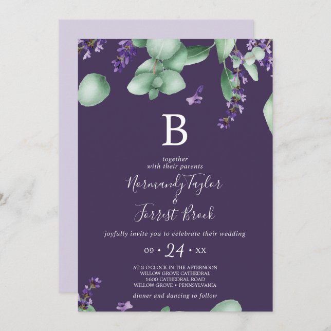 Invitation Lavande rustique | Mariage de monogramme violet (Devant / Derrière)
