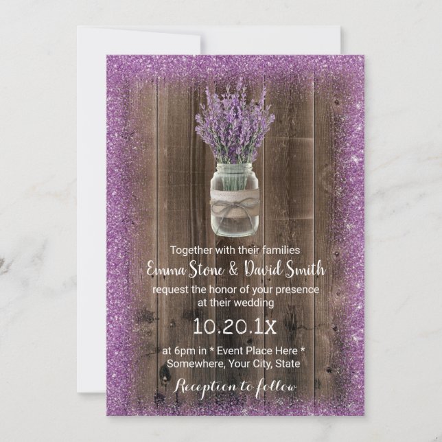 Invitation Lavande Rustique Mason Jar Mariage de fleurs viole (Devant)