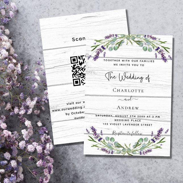 Invitation Lavande vert bois blanc Code QR mariage (Créateur téléchargé)