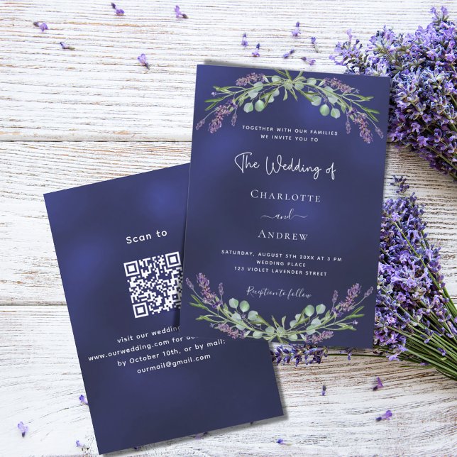 Invitation Lavande vert marine bleu QR code RSVP mariage (Créateur téléchargé)
