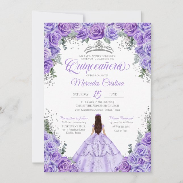 Invitation Lavande violet et argent Rose élégant Quinceanera (Devant)