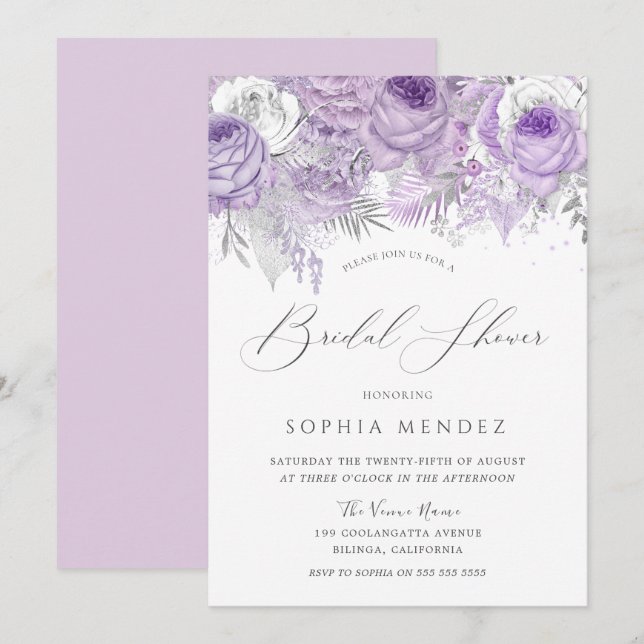 Invitation Lavande violet étincelle Fête des mariées florale  (Devant / Derrière)