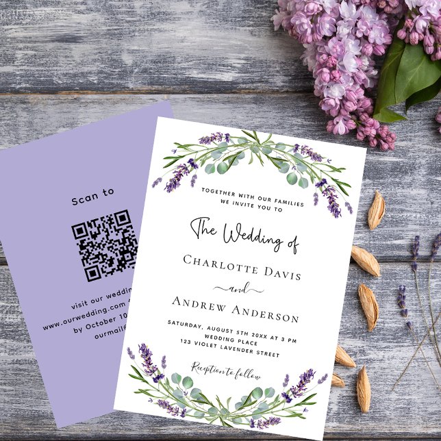 Invitation Lavande violet fleuri code QR RSVP mariage de luxe (Créateur téléchargé)