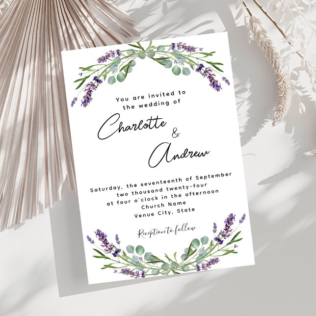 Invitation Lavande violet fleurit vert script mariage (Créateur téléchargé)