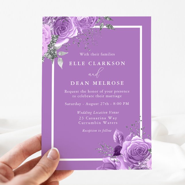 Invitation Lavande violet Floral blanc Mariage frontière (Créateur téléchargé)