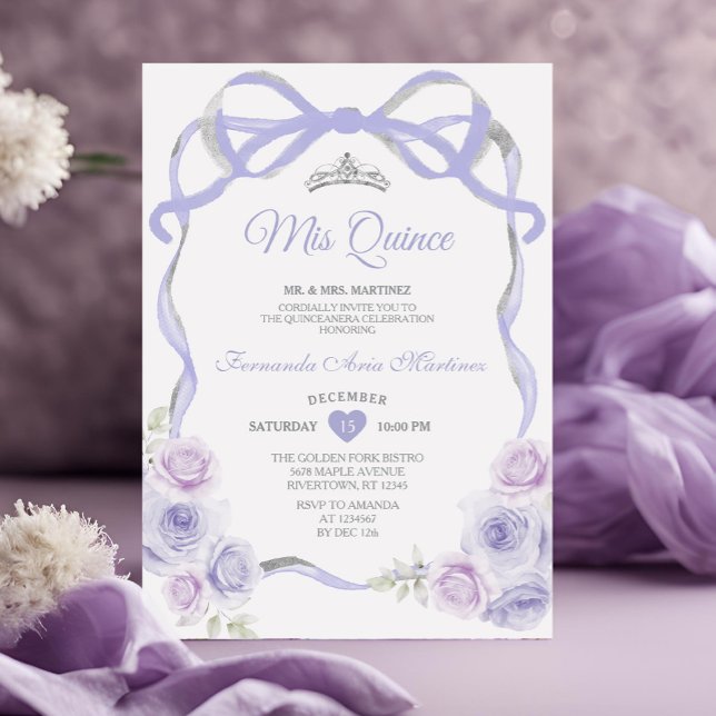 Invitation Lavande Violet Floral Bow Frame Argent Mis Quince (Créateur téléchargé)