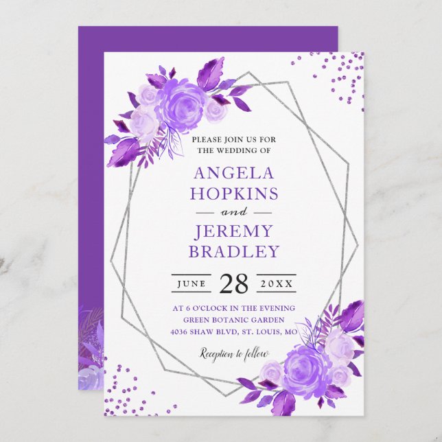 Invitation Lavande violet Floral moderne Argent Mariage (Devant / Derrière)
