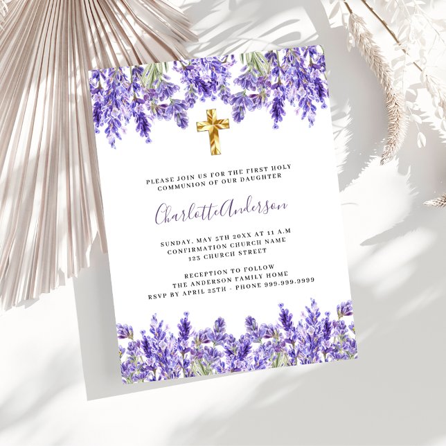 Invitation Lavande violet floraux or croix Première communion (Créateur téléchargé)