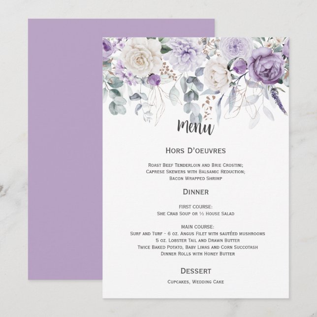 Invitation Lavande, violet, ivoire, Mariage vert Menu (Devant / Derrière)
