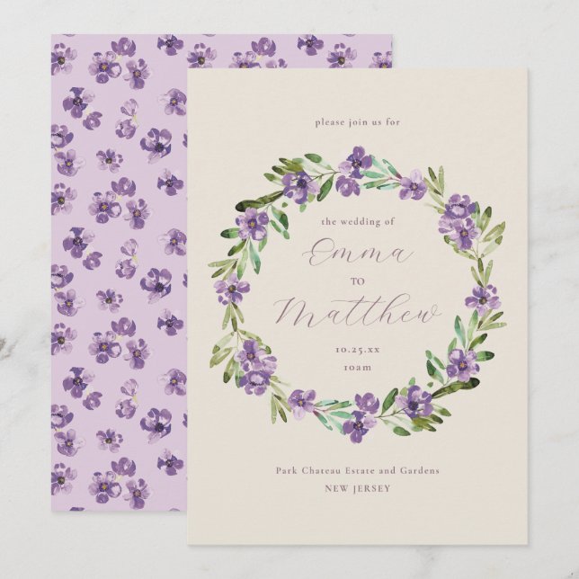 Invitation Lavande violet Mariage de couronne botanique (Devant / Derrière)