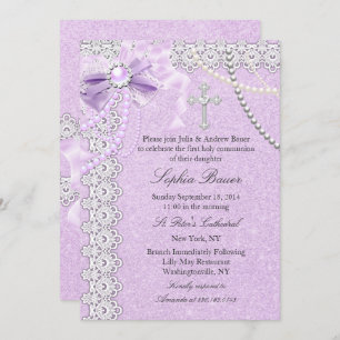 Invitation Lavande violet Pearl Bow Croix sainte Communion