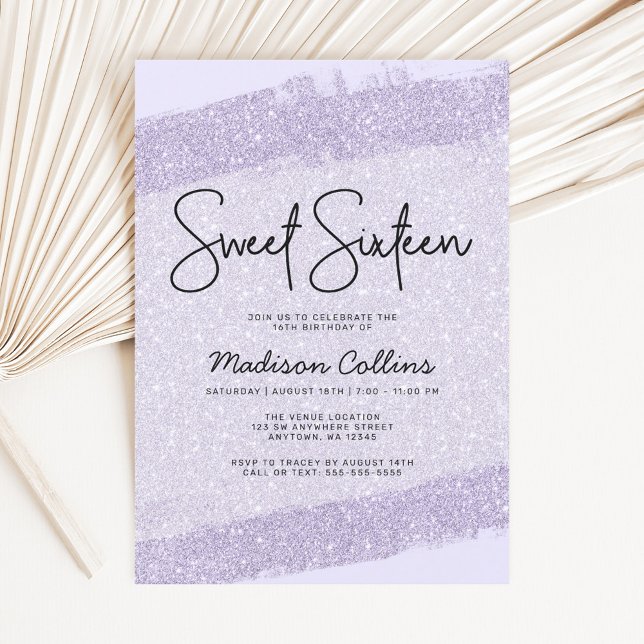 Invitation Lavande Violet Pinceau Paillettes Douce 16 (Créateur téléchargé)