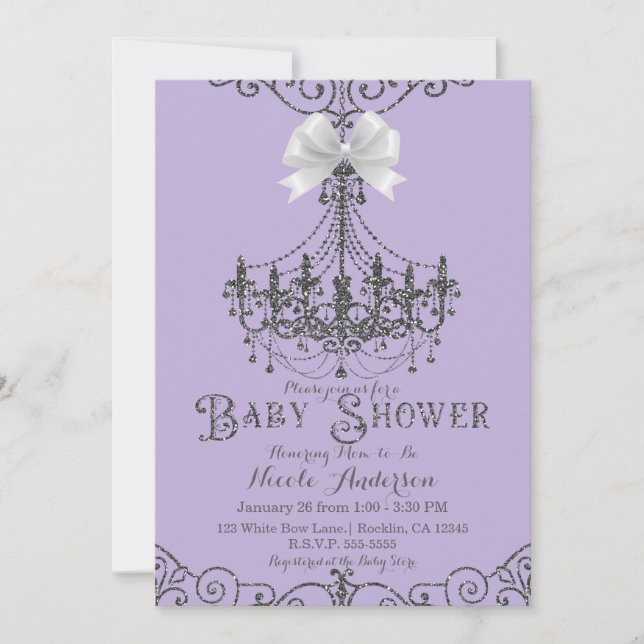 Invitation Lavande violette et Baby shower blanc argenté (Devant)