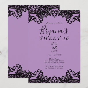 Invitation Lavande violette et dentelle noire Sweet 16 Partie