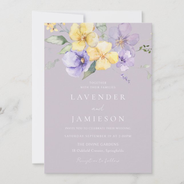 Invitation Lavande violette et Mariage floral jaune (Devant)
