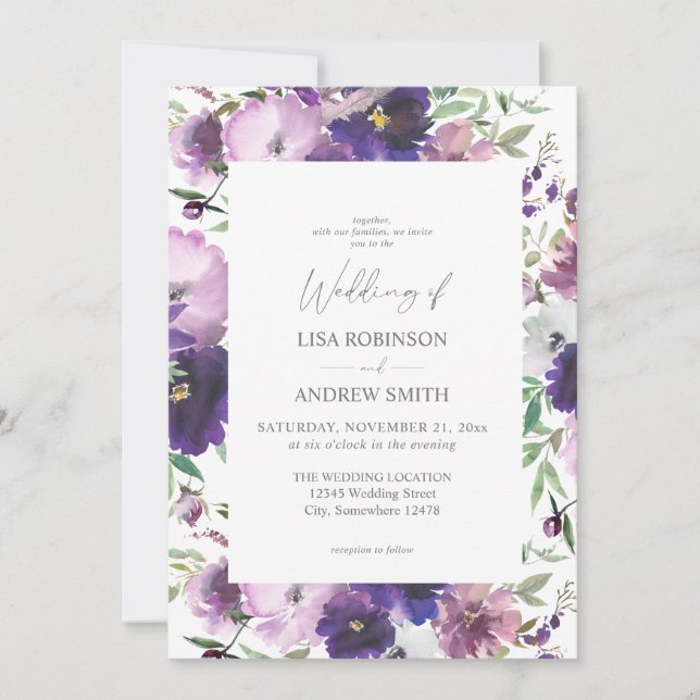 Invitation Lavande violette et Mariage floral violet 2 (Devant)