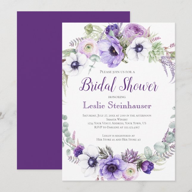 Invitation Lavande violette Fête des mariées florale blanche  (Devant / Derrière)
