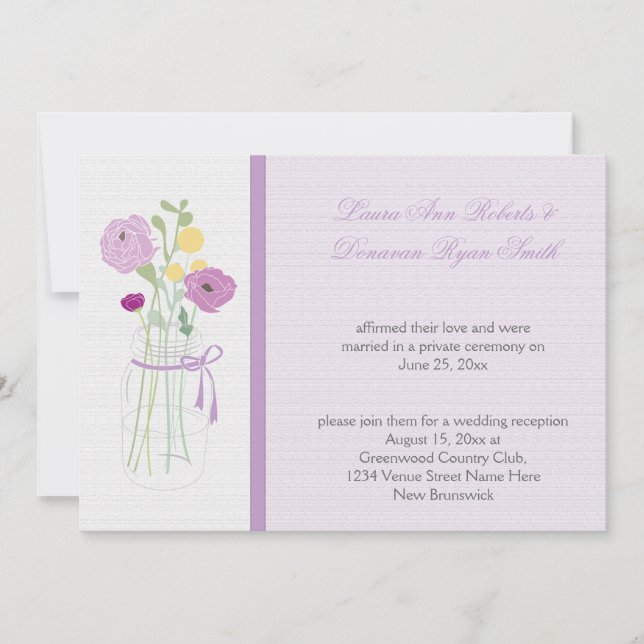Invitation Lavande Violette Fleurs Mason Jar Réception Seulem (Devant)