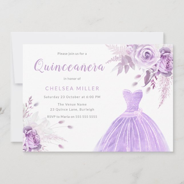 Invitation Lavande violette Floral & Robe Quinceanera Party (Devant)