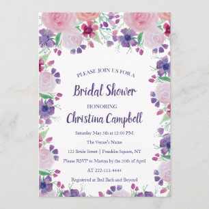 Invitation Lavande violette Lilac Pink Fête de l'mariée flora