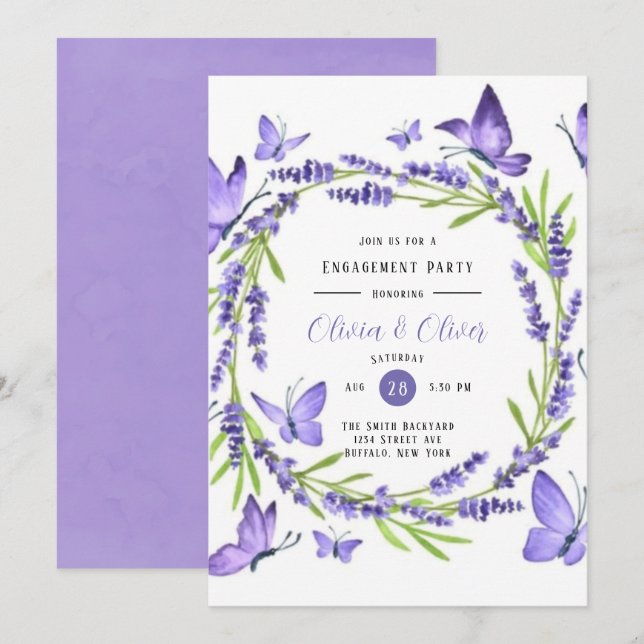 Invitation Lavande Wisteria Et Papillons (Devant / Derrière)
