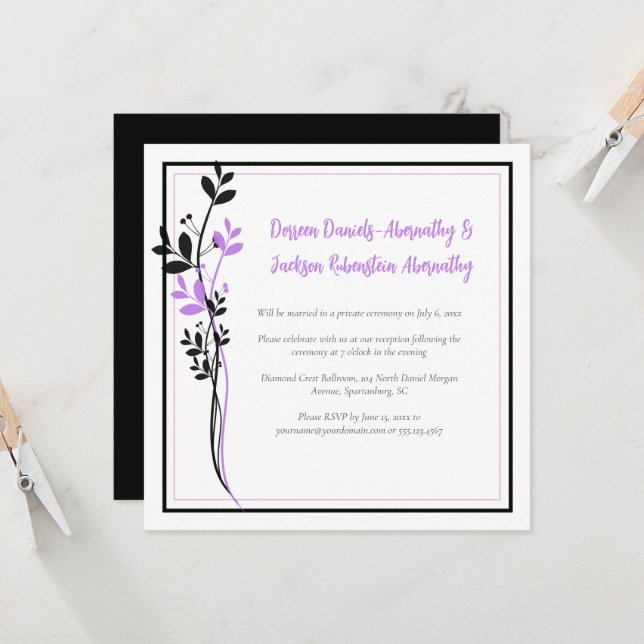 Invitation Lavender and Black Floral Reception Only | (Devant/Arrière en situation)