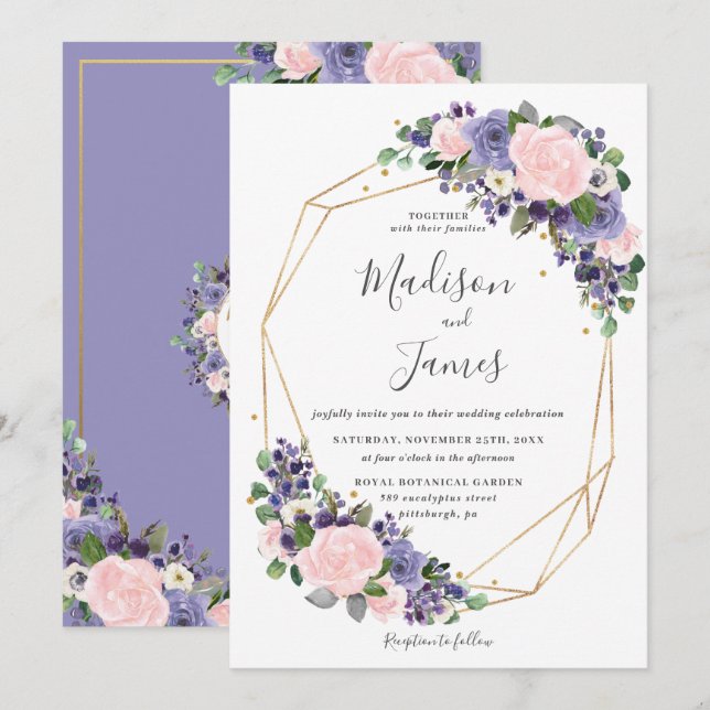 Invitation Lavender Blush Floral Mariage Cadre géométrique Or (Devant / Derrière)