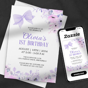 Invitation Lavender Bow et Floral Watercolor 1er anniversaire