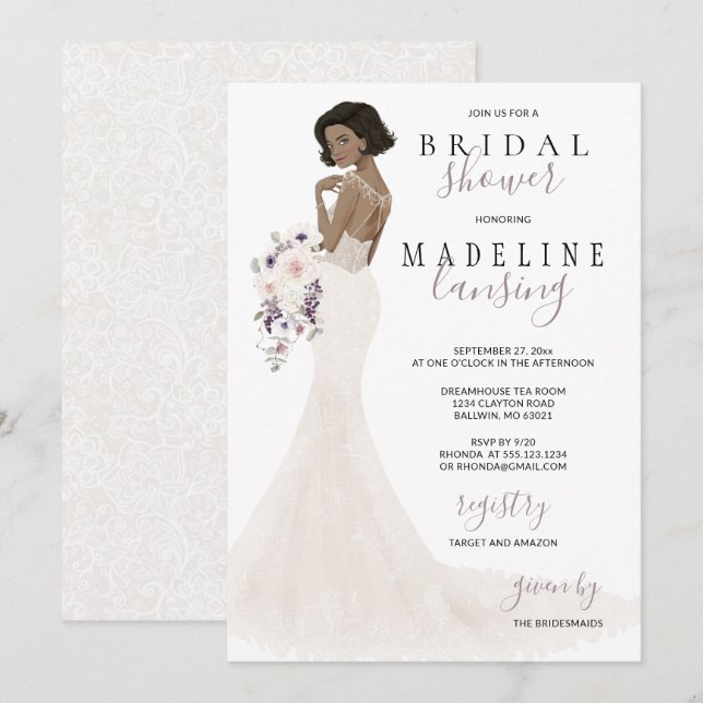 Invitation Lavender Bride dans la Fête des mariées Lace Gown (Devant / Derrière)