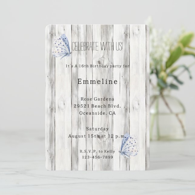 Invitation Lavender Butterfly Dreams Faux Wood Birthday (Debout devant)